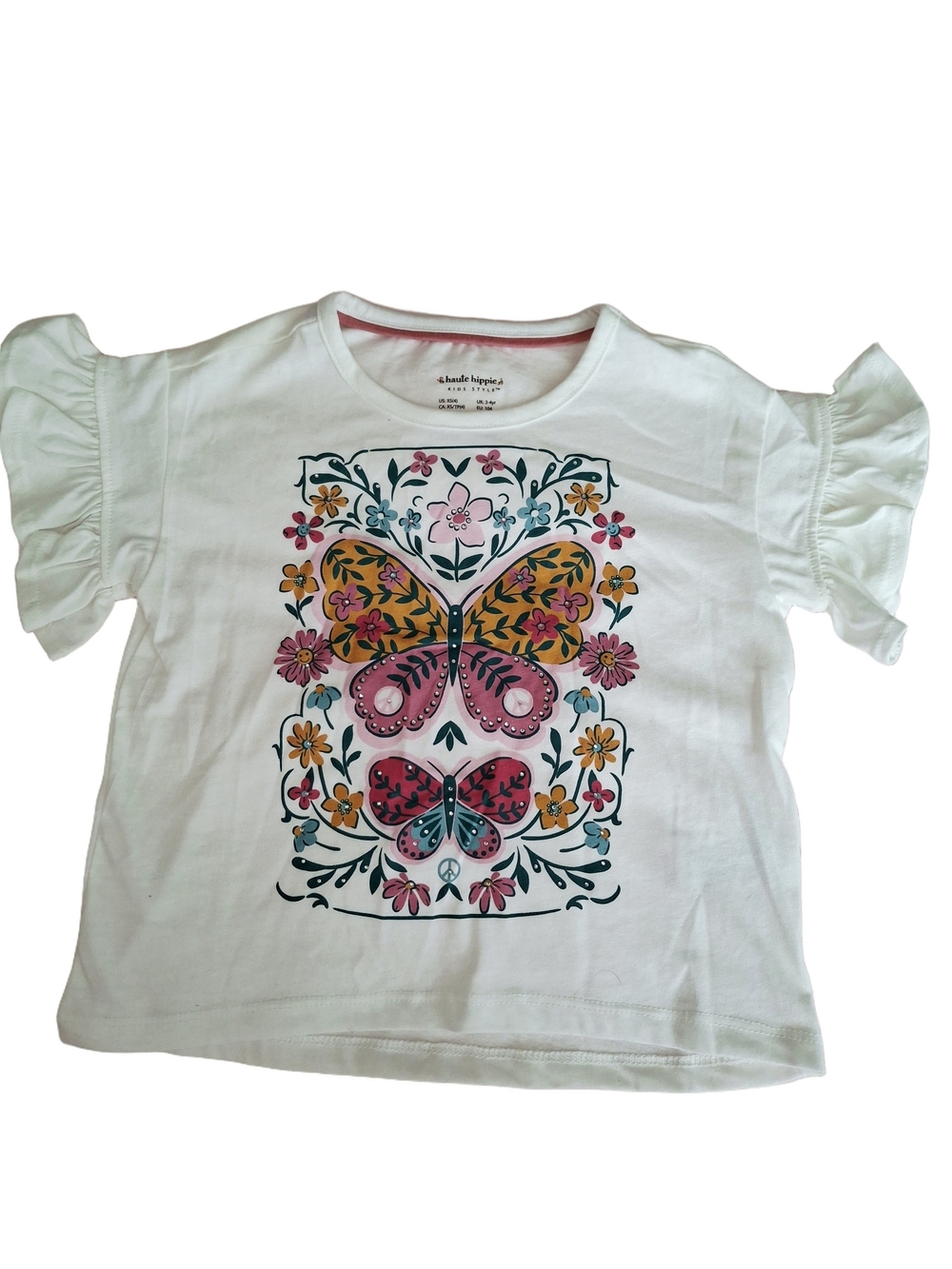 Haute Hippie White Tee with Colorful Butterfly Folk Print Sz 4 Girls Nwt